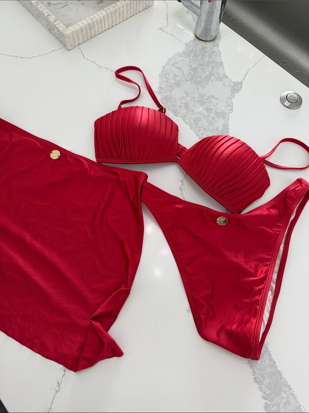 Cupshe Red Pleated Balconette Bikini Set with Skirt